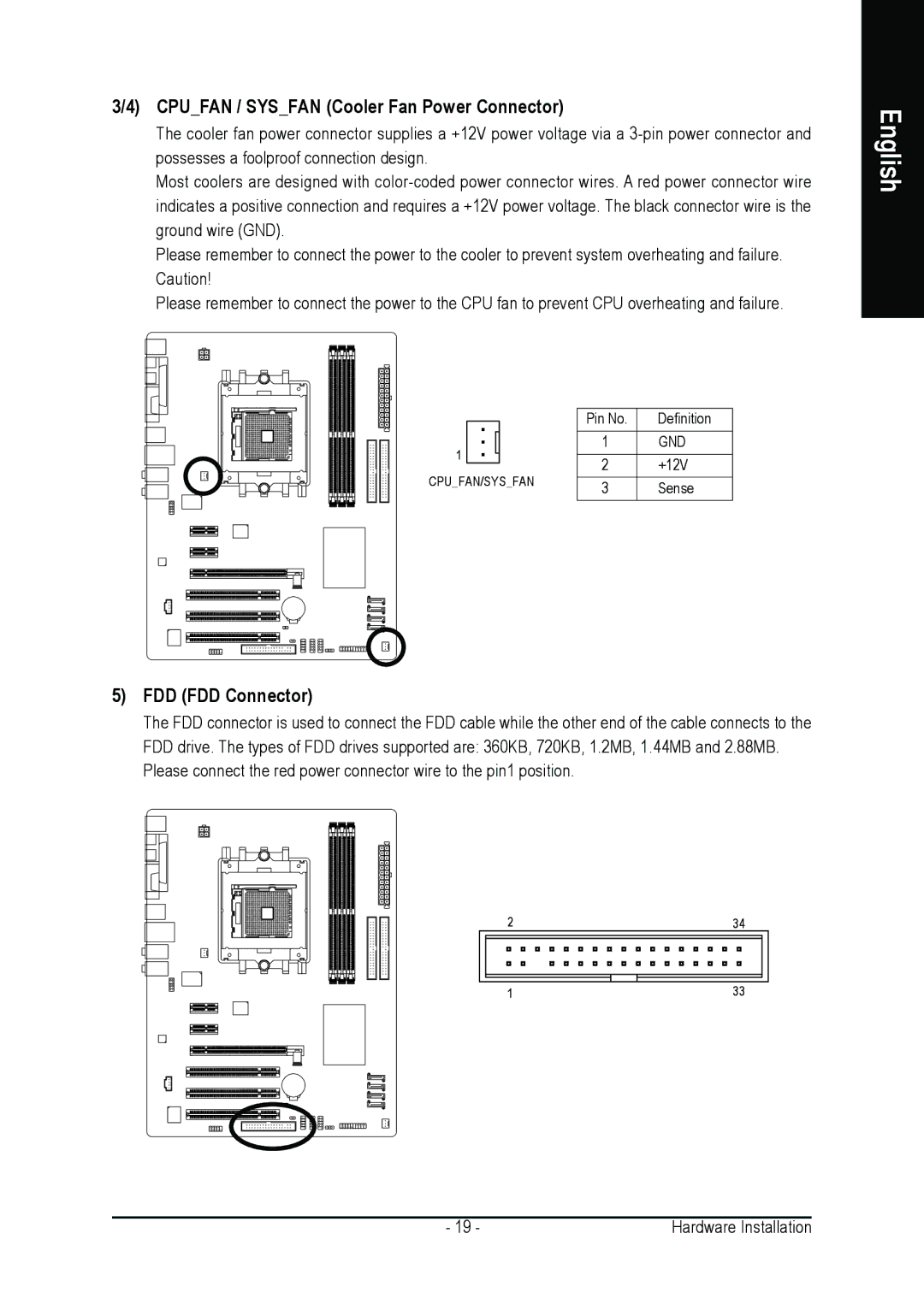 Gigabyte GA-K8NE-RH user manual Cpufan / Sysfan Cooler Fan Power Connector, FDD FDD Connector 