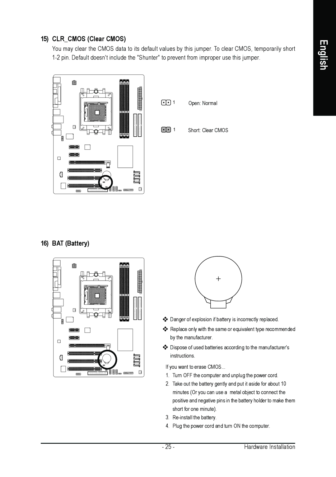 Gigabyte GA-K8NE-RH user manual Clrcmos Clear Cmos, BAT Battery 