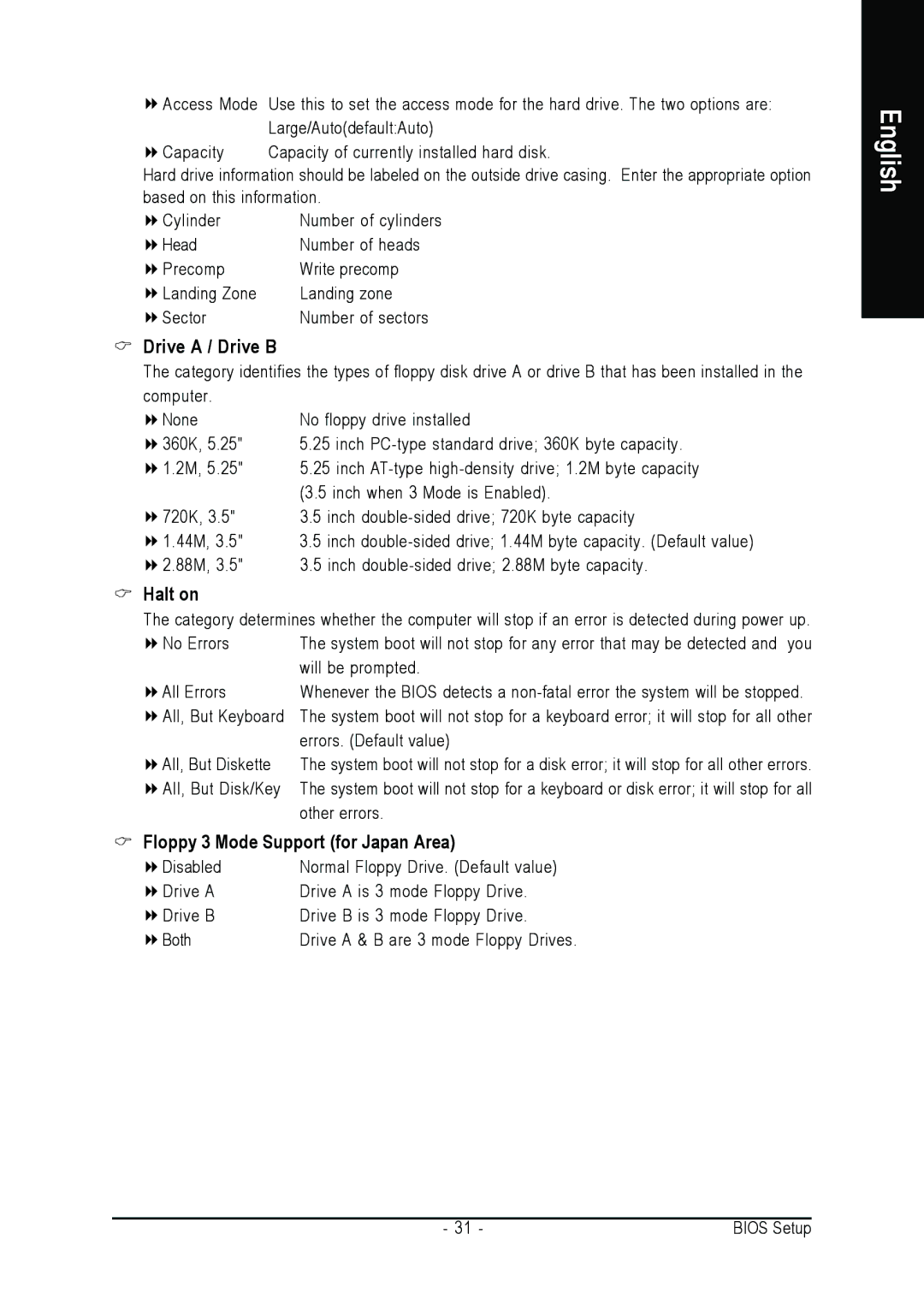 Gigabyte GA-K8NE-RH user manual Drive a / Drive B, Halt on, Floppy 3 Mode Support for Japan Area 