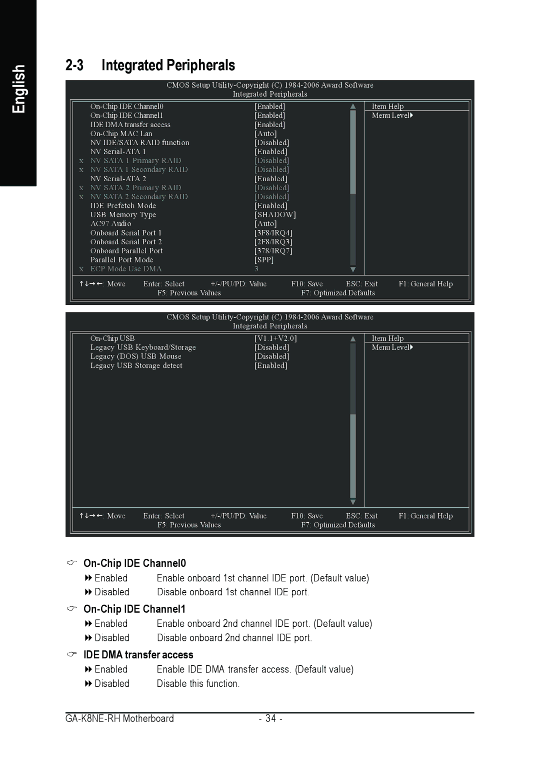 Gigabyte GA-K8NE-RH user manual Integrated Peripherals, On-Chip IDE Channel0, On-Chip IDE Channel1, IDE DMA transfer access 