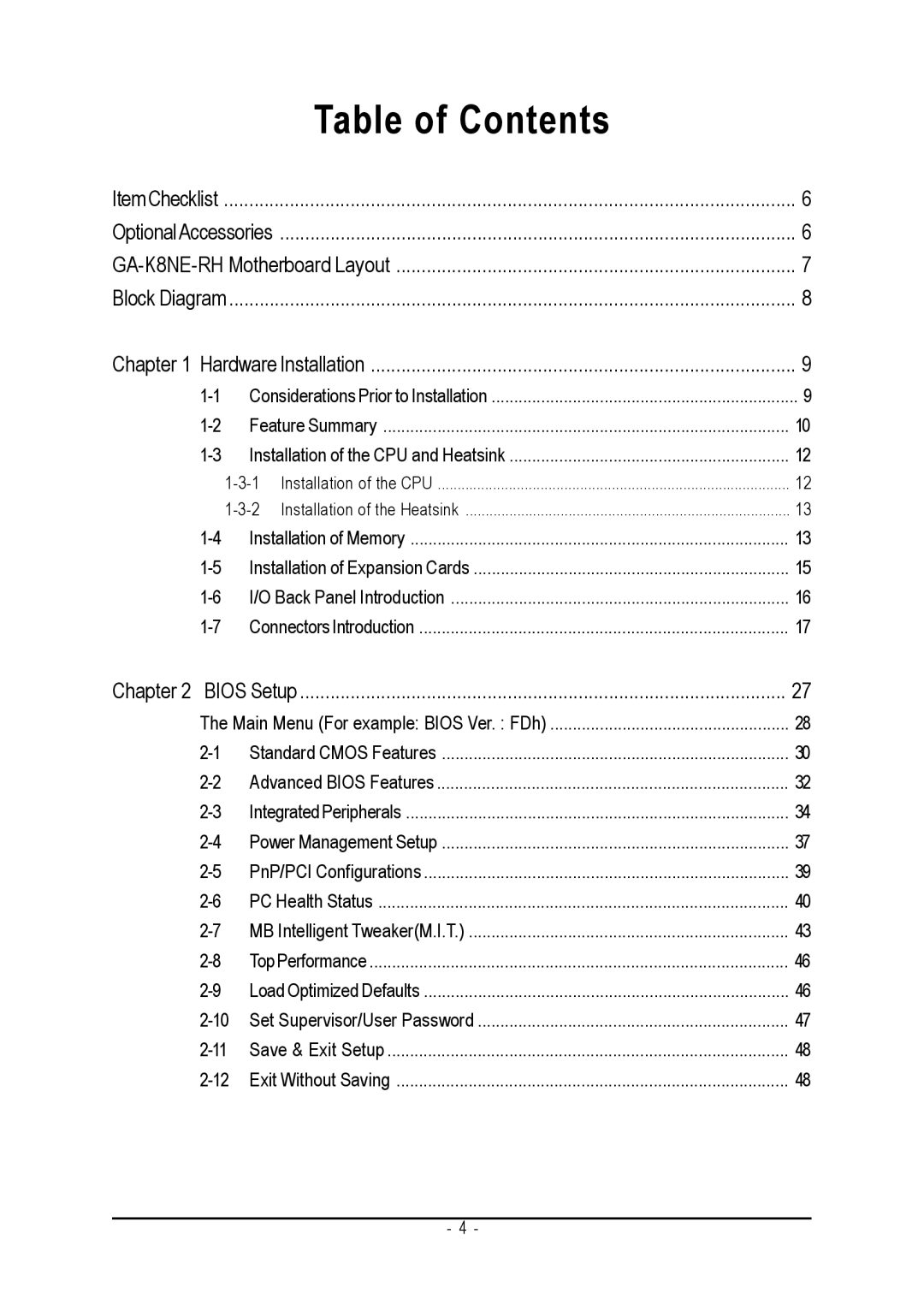 Gigabyte GA-K8NE-RH user manual Table of Contents 