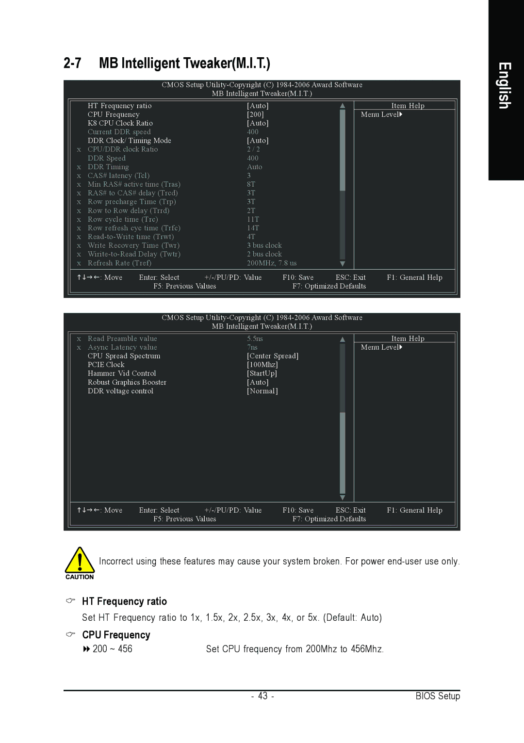 Gigabyte GA-K8NE-RH user manual MB Intelligent TweakerM.I.T, HT Frequency ratio, CPU Frequency 