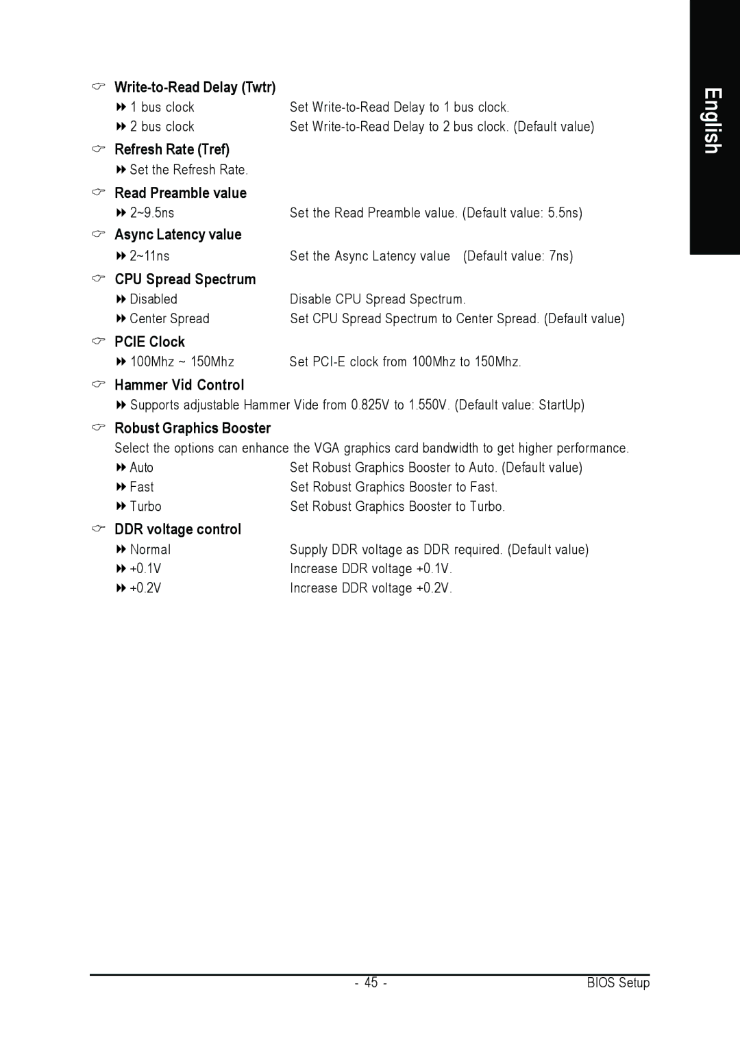 Gigabyte GA-K8NE-RH Write-to-Read Delay Twtr, Refresh Rate Tref, Read Preamble value, Async Latency value, Pcie Clock 