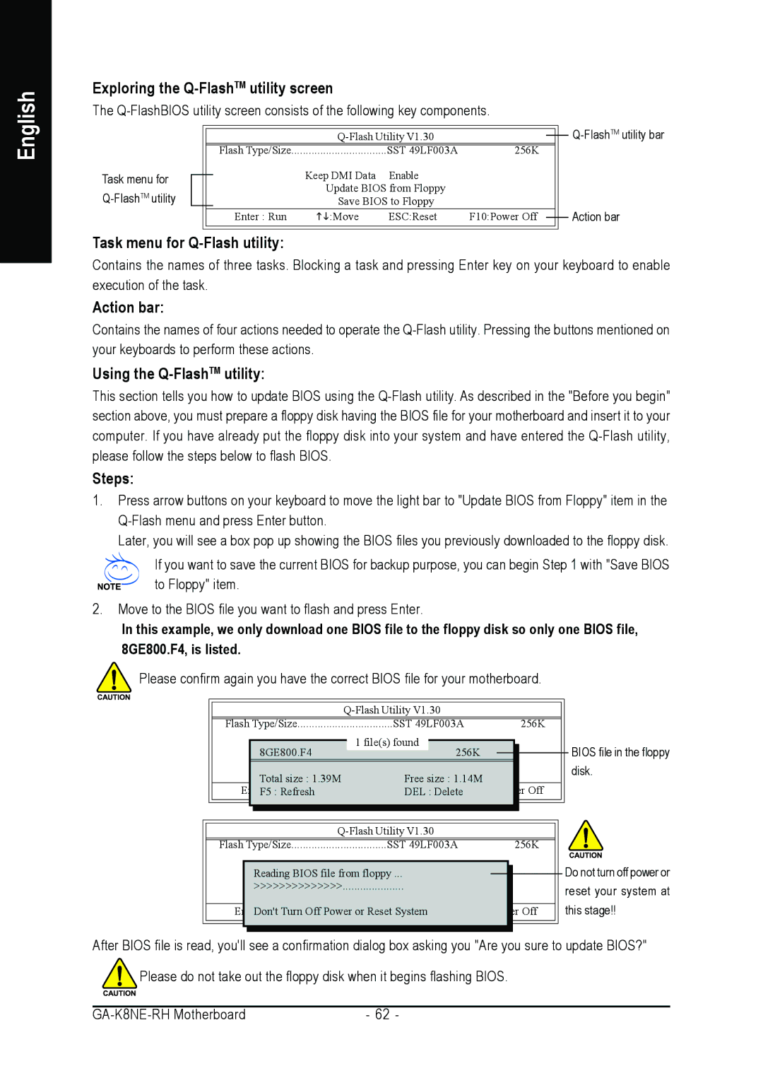 Gigabyte GA-K8NE-RH user manual Exploring the Q-FlashTMutility screen, English 