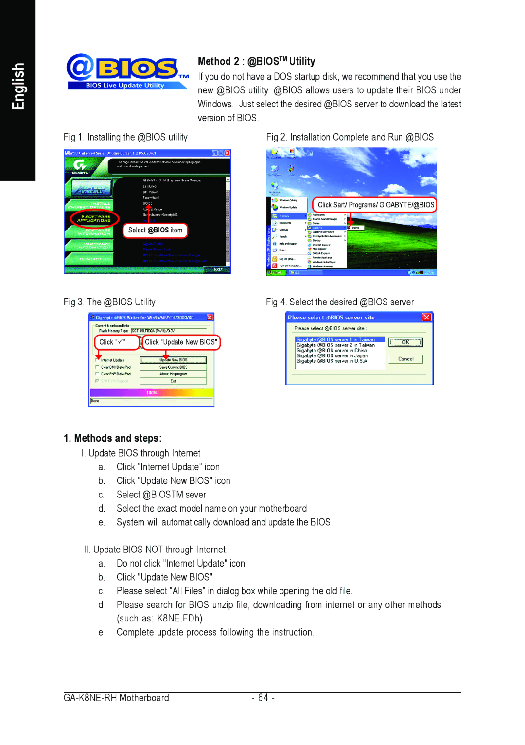 Gigabyte GA-K8NE-RH user manual Method 2 @BIOSTM Utility, Methods and steps 