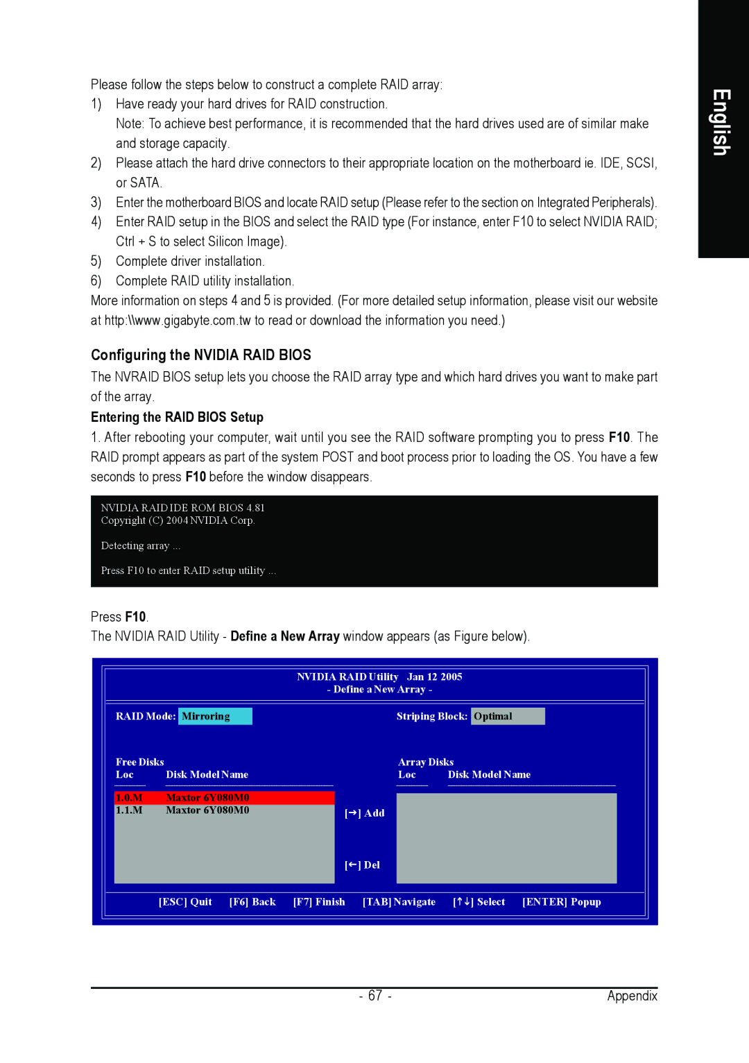 Gigabyte GA-K8NE-RH user manual Configuring the Nvidia RAID Bios, Entering the RAID Bios Setup 