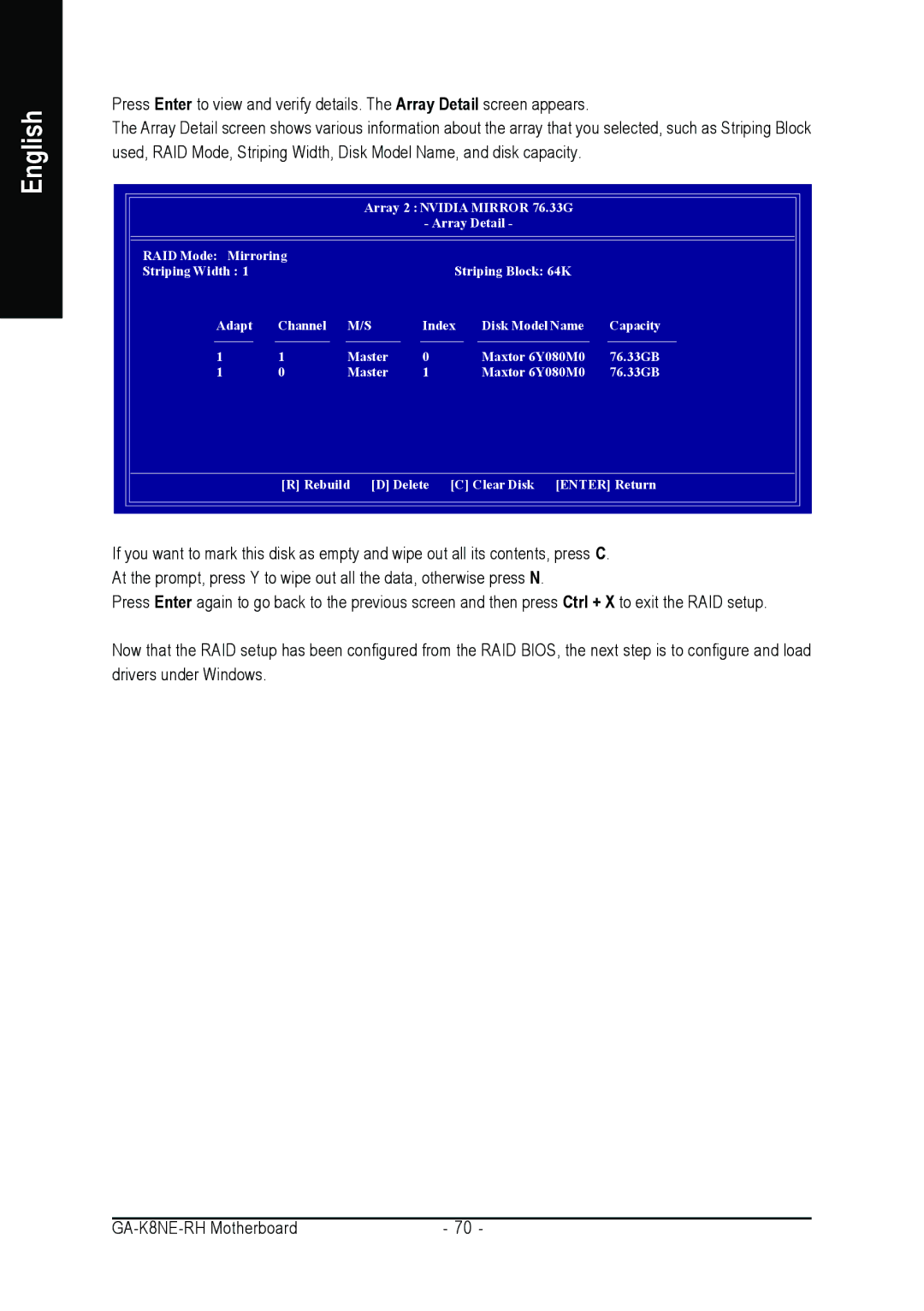 Gigabyte GA-K8NE-RH user manual Array 2 Nvidia Mirror 76.33G 