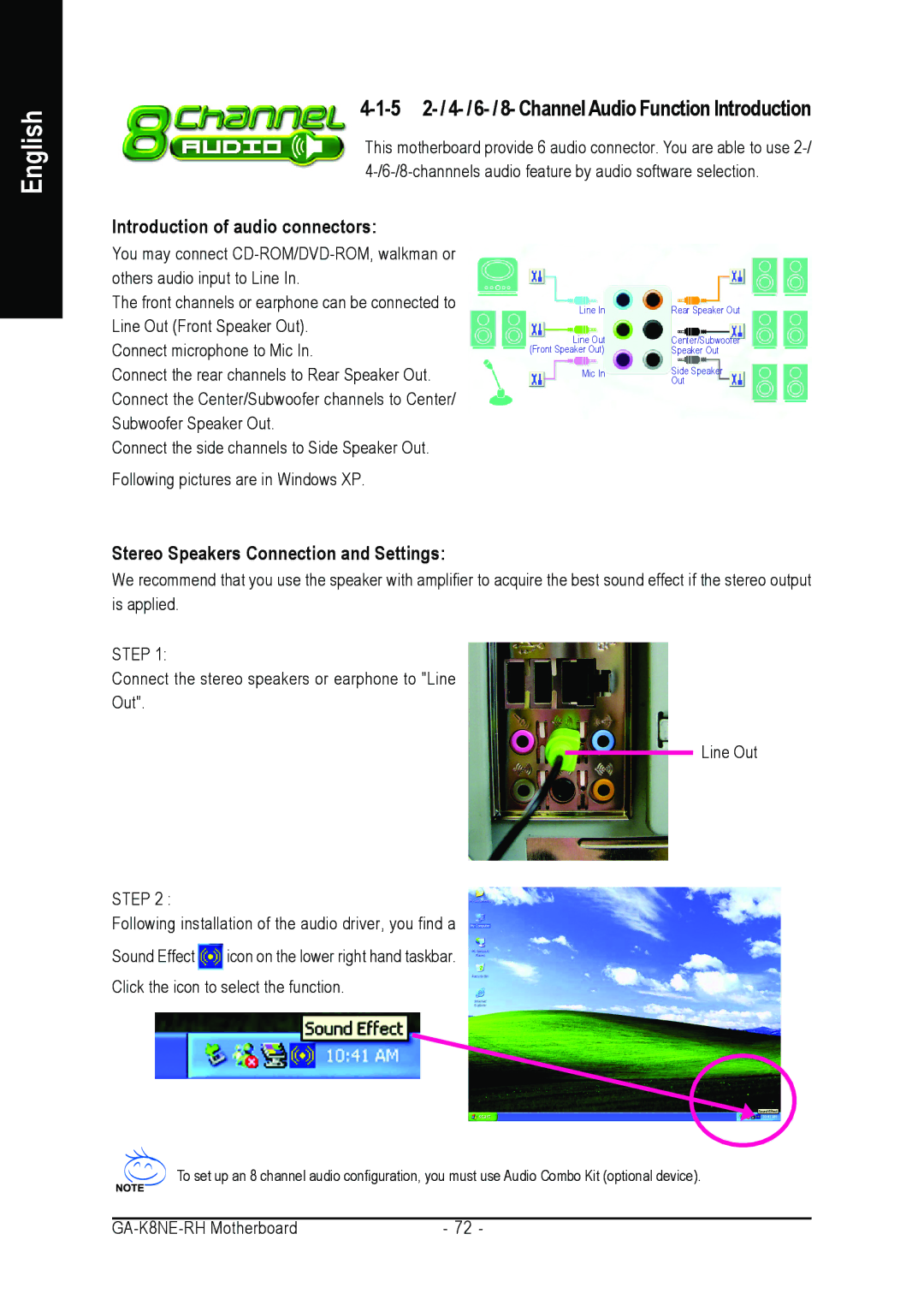 Gigabyte GA-K8NE-RH user manual 5 2- / 4- / 6- / 8- Channel Audio Function Introduction, Introduction of audio connectors 
