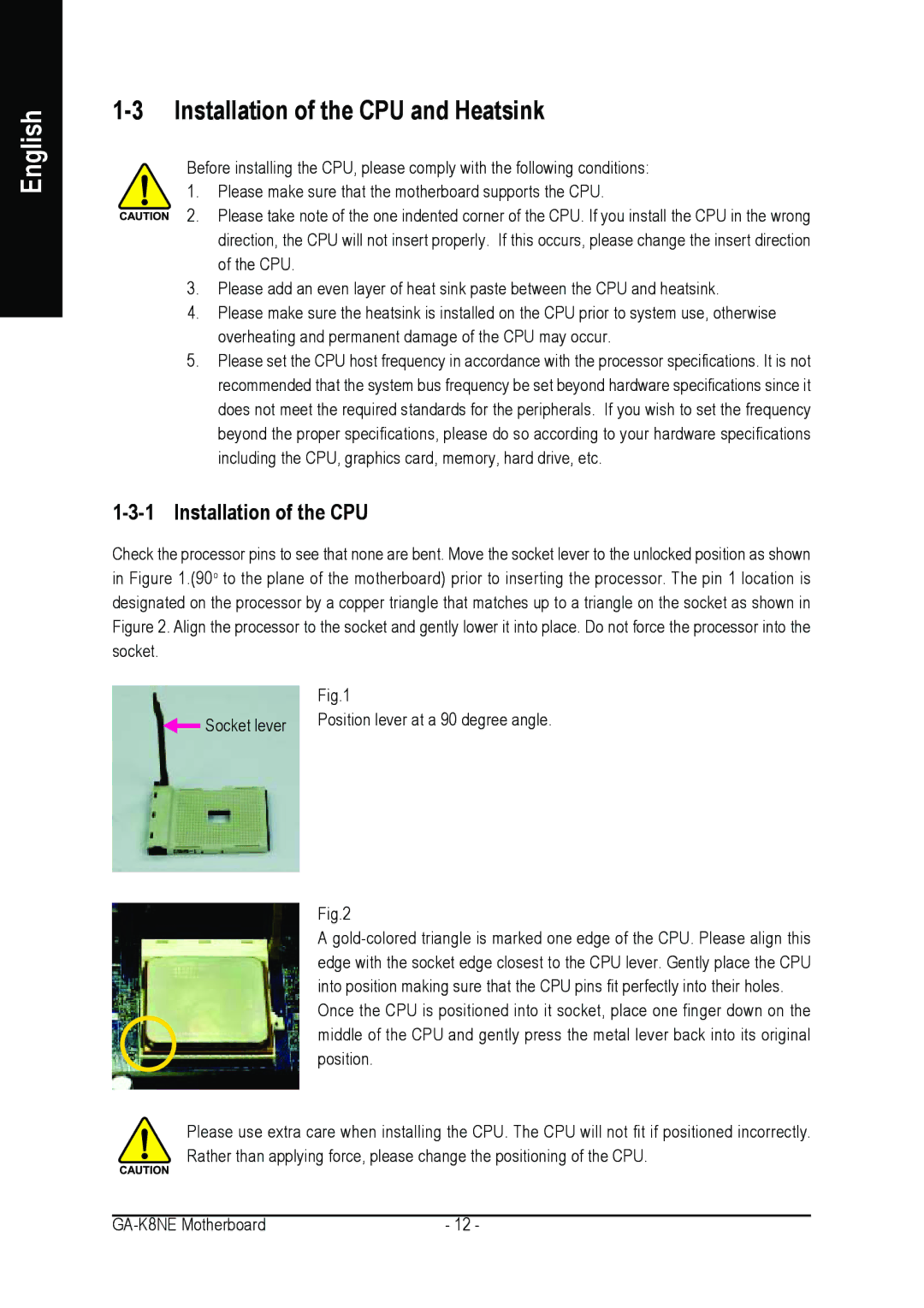 Gigabyte GA-K8NE user manual Installation of the CPU and Heatsink 