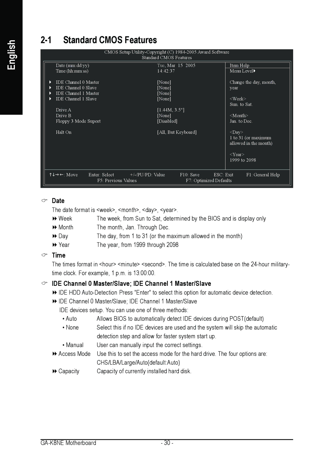 Gigabyte GA-K8NE user manual Time, IDE Channel 0 Master/Slave IDE Channel 1 Master/Slave 