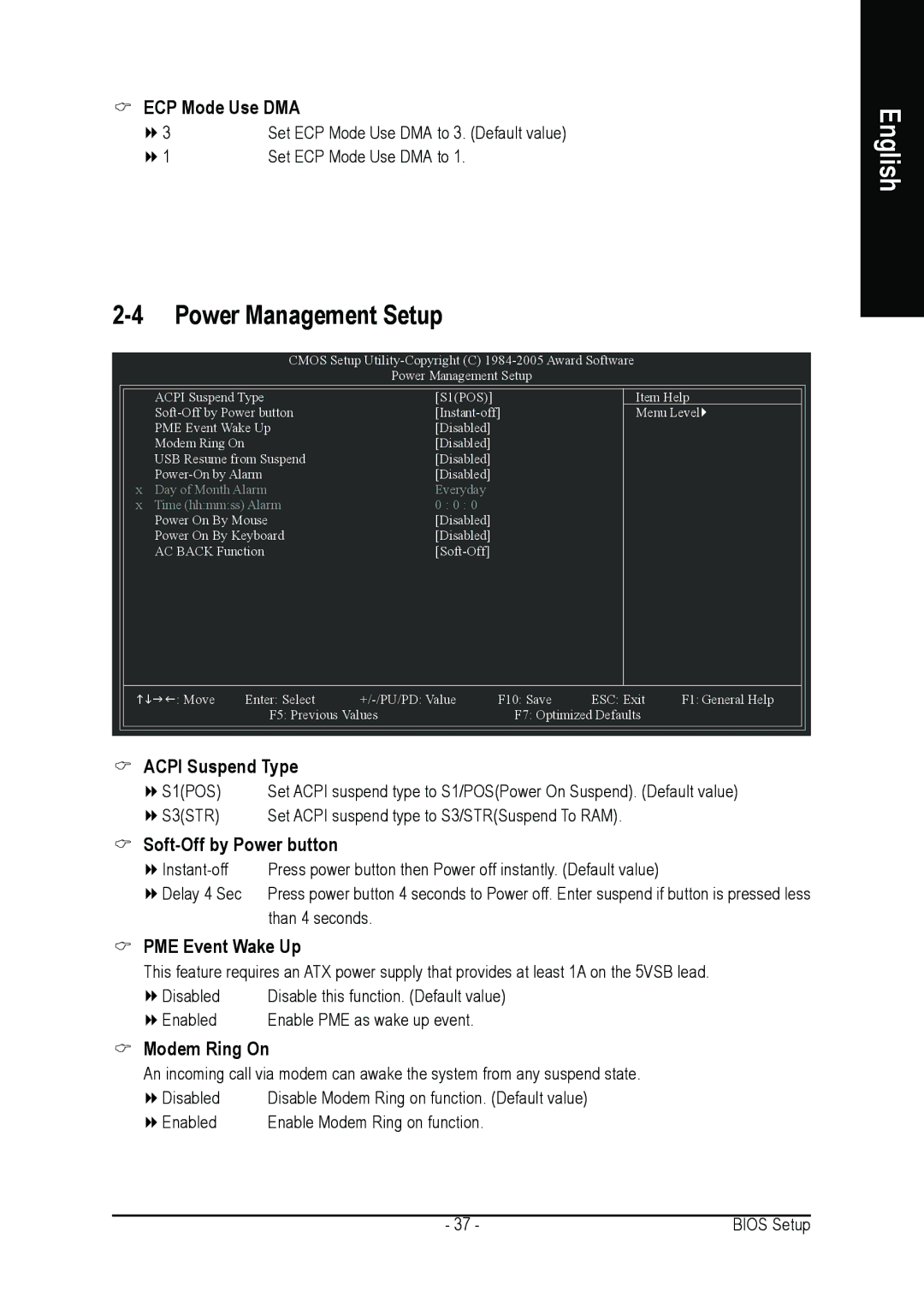 Gigabyte GA-K8NE user manual ECP Mode Use DMA, PME Event Wake Up, Modem Ring On 