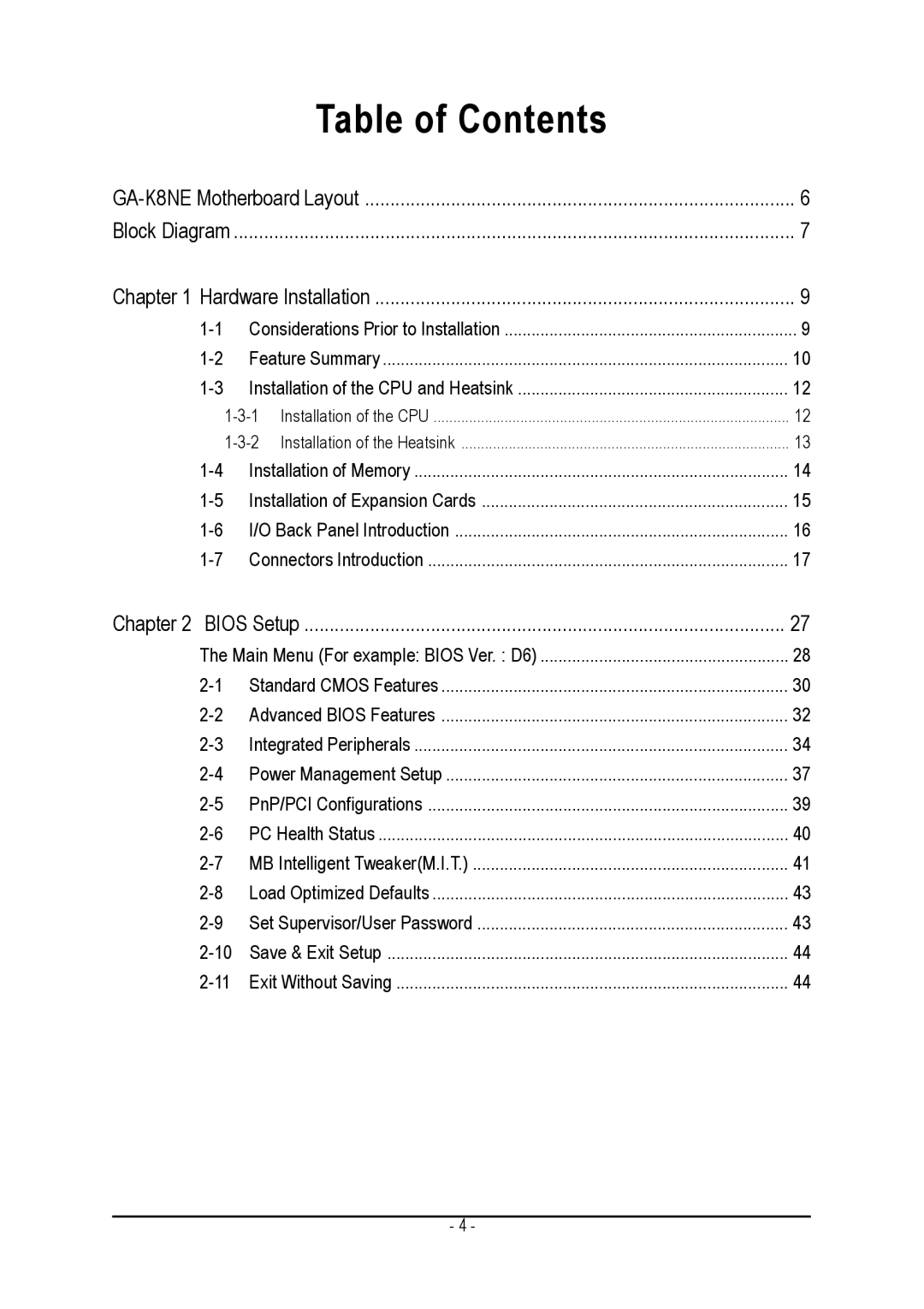 Gigabyte GA-K8NE user manual Table of Contents 