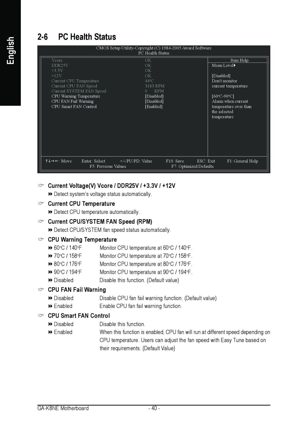 Gigabyte GA-K8NE Current VoltageV Vcore / DDR25V / +3.3V / +12V, Current CPU Temperature, Current CPU/SYSTEM FAN Speed RPM 