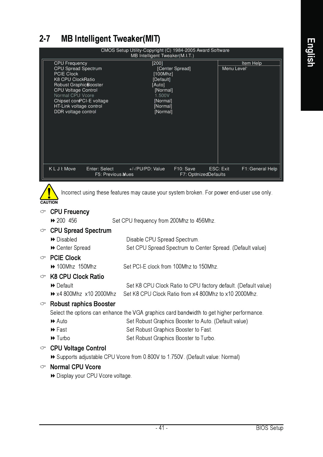 Gigabyte GA-K8NE user manual CPU Frequency, CPU Spread Spectrum, Pcie Clock, K8 CPU Clock Ratio, Robust Graphics Booster 