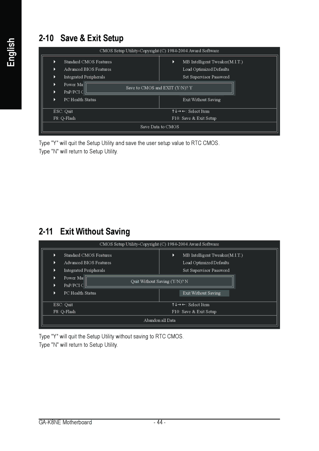 Gigabyte GA-K8NE user manual Save & Exit Setup, Exit Without Saving 