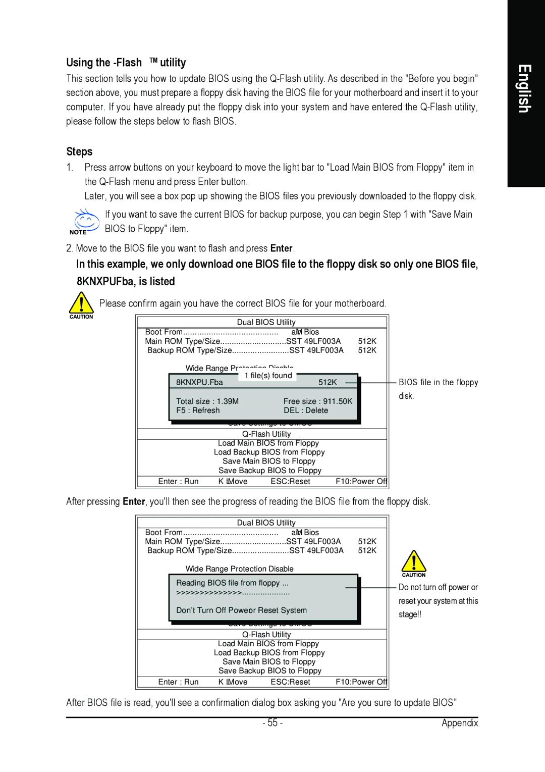 Gigabyte GA-K8NE user manual Using the Q-FlashTMutility, Steps 