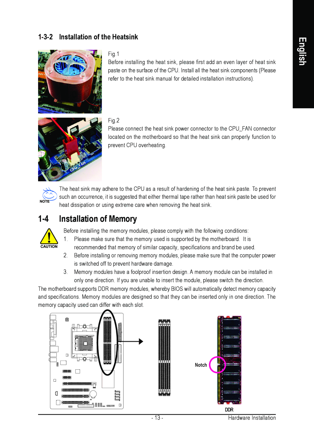 Gigabyte GA-K8NE user manual Installation of Memory, Installation of the Heatsink 