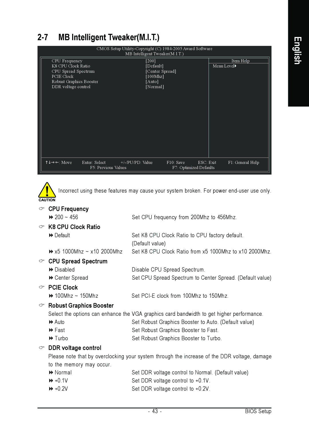 Gigabyte GA-K8NE user manual CPU Frequency, K8 CPU Clock Ratio, CPU Spread Spectrum, Pcie Clock, Robust Graphics Booster 