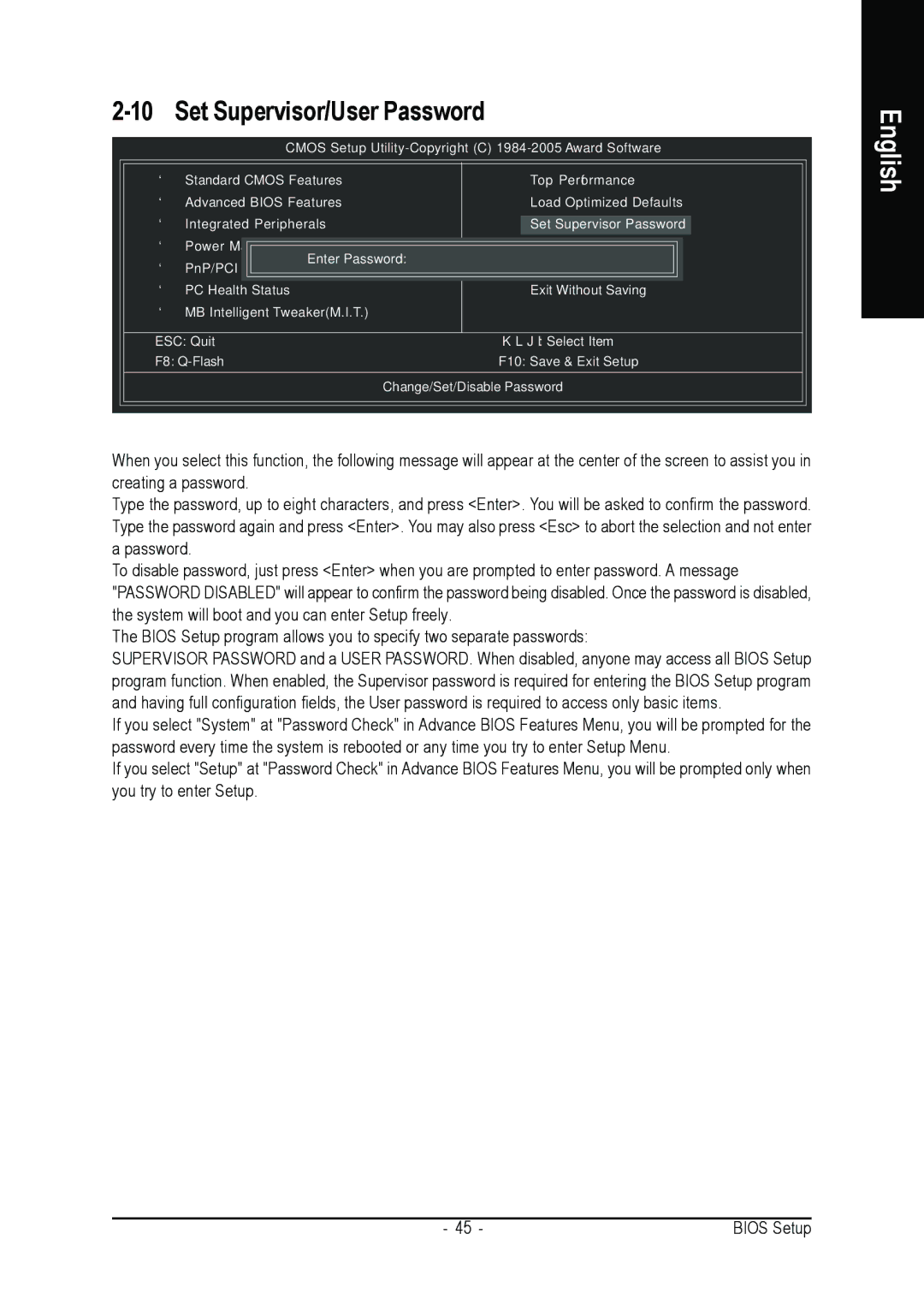 Gigabyte GA-K8NE user manual Set Supervisor/User Password 