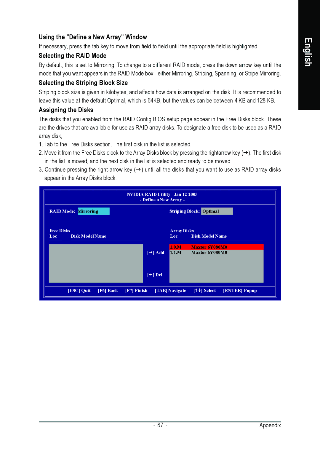 Gigabyte GA-K8NE Using the Define a New Array Window, Selecting the RAID Mode, Selecting the Striping Block Size 