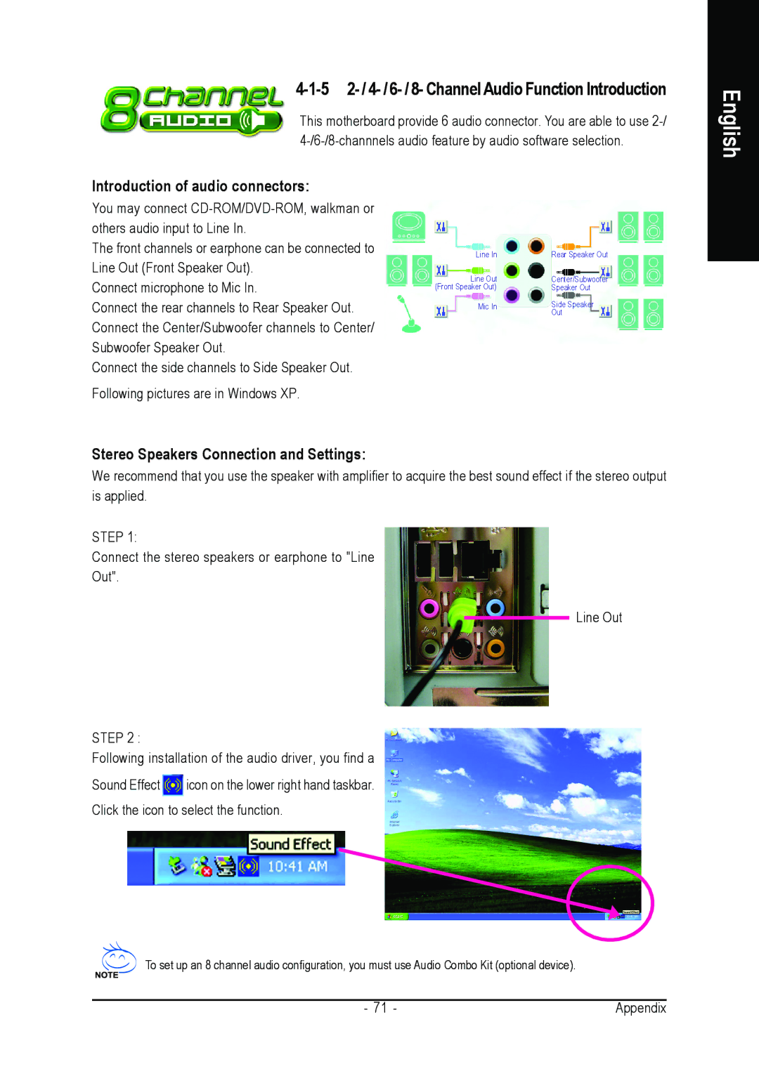 Gigabyte GA-K8NE user manual 5 2- / 4- / 6- / 8- Channel Audio Function Introduction, Introduction of audio connectors 