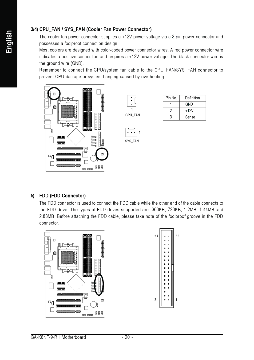 Gigabyte GA-K8NF-9-RH user manual Cpufan / Sysfan Cooler Fan Power Connector, FDD FDD Connector 