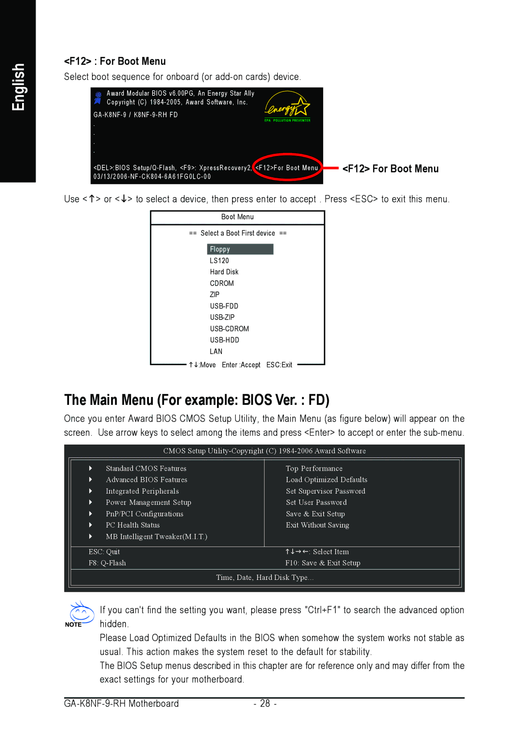 Gigabyte GA-K8NF-9-RH user manual Main Menu For example Bios Ver. FD, F12 For Boot Menu 