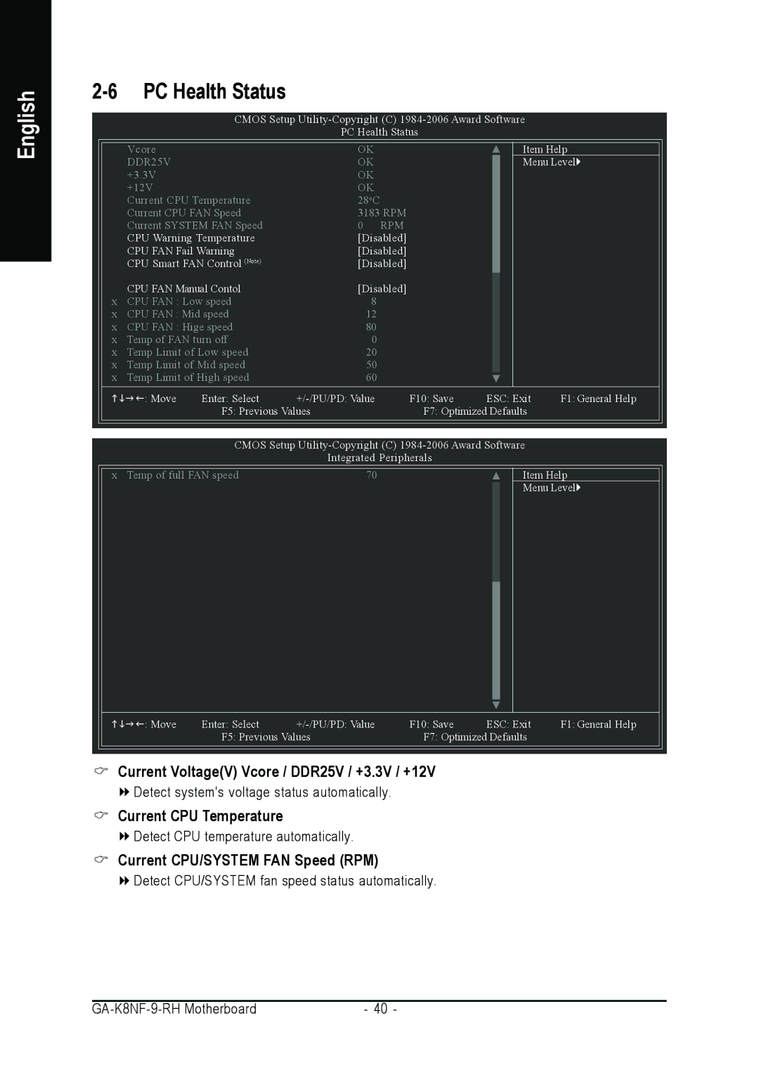 Gigabyte GA-K8NF-9-RH user manual PC Health Status, Current VoltageV Vcore / DDR25V / +3.3V / +12V, Current CPU Temperature 