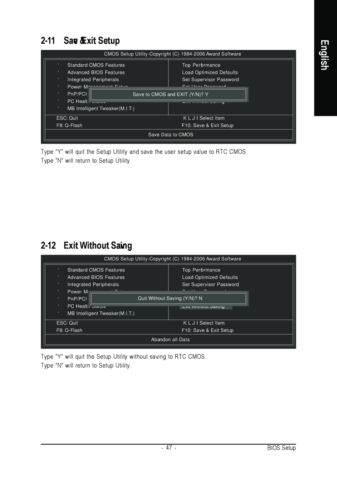 Gigabyte GA-K8NF-9-RH user manual Save & Exit Setup, Exit Without Saving 