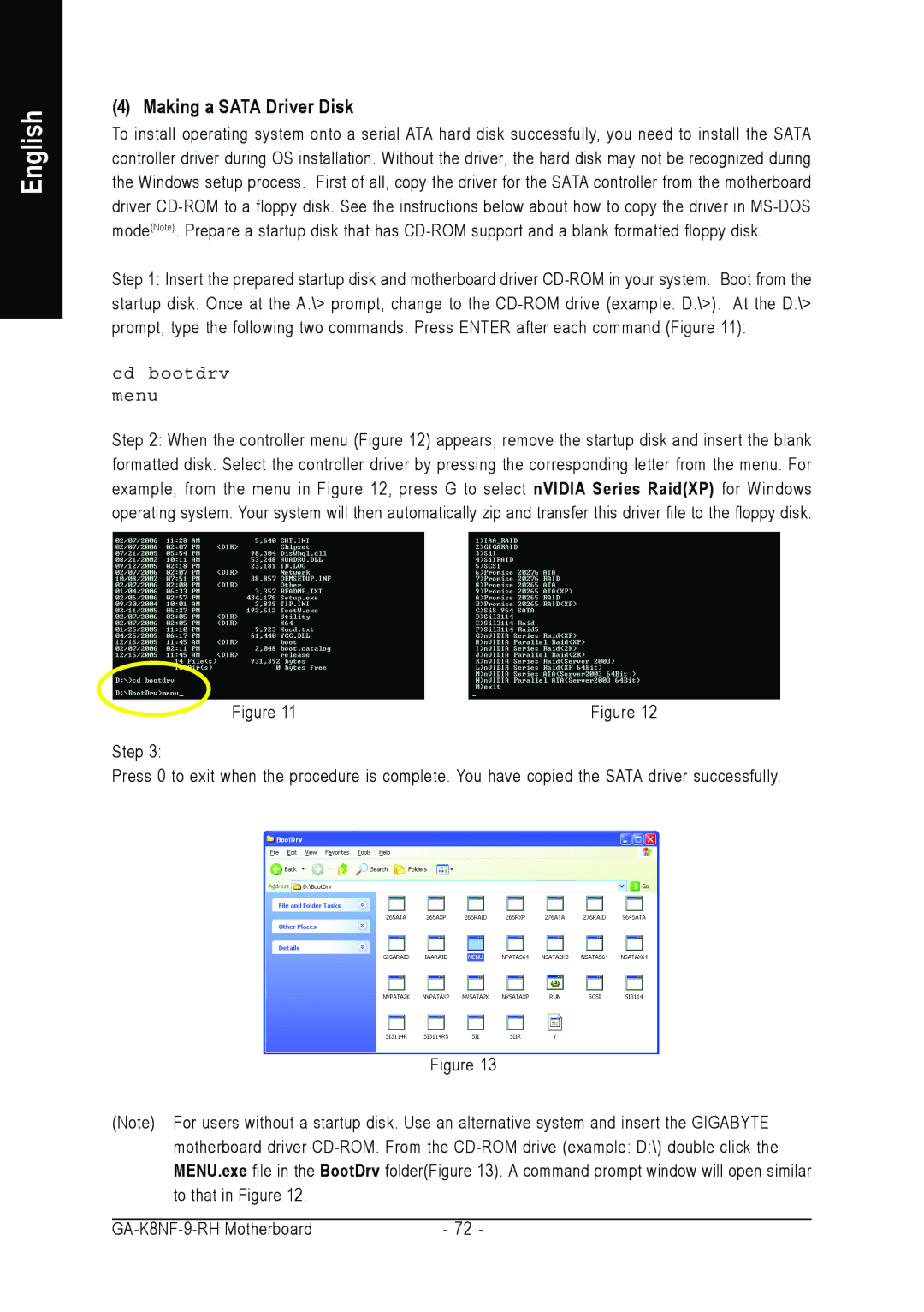 Gigabyte GA-K8NF-9-RH user manual Making a Sata Driver Disk, Cd bootdrv Menu 