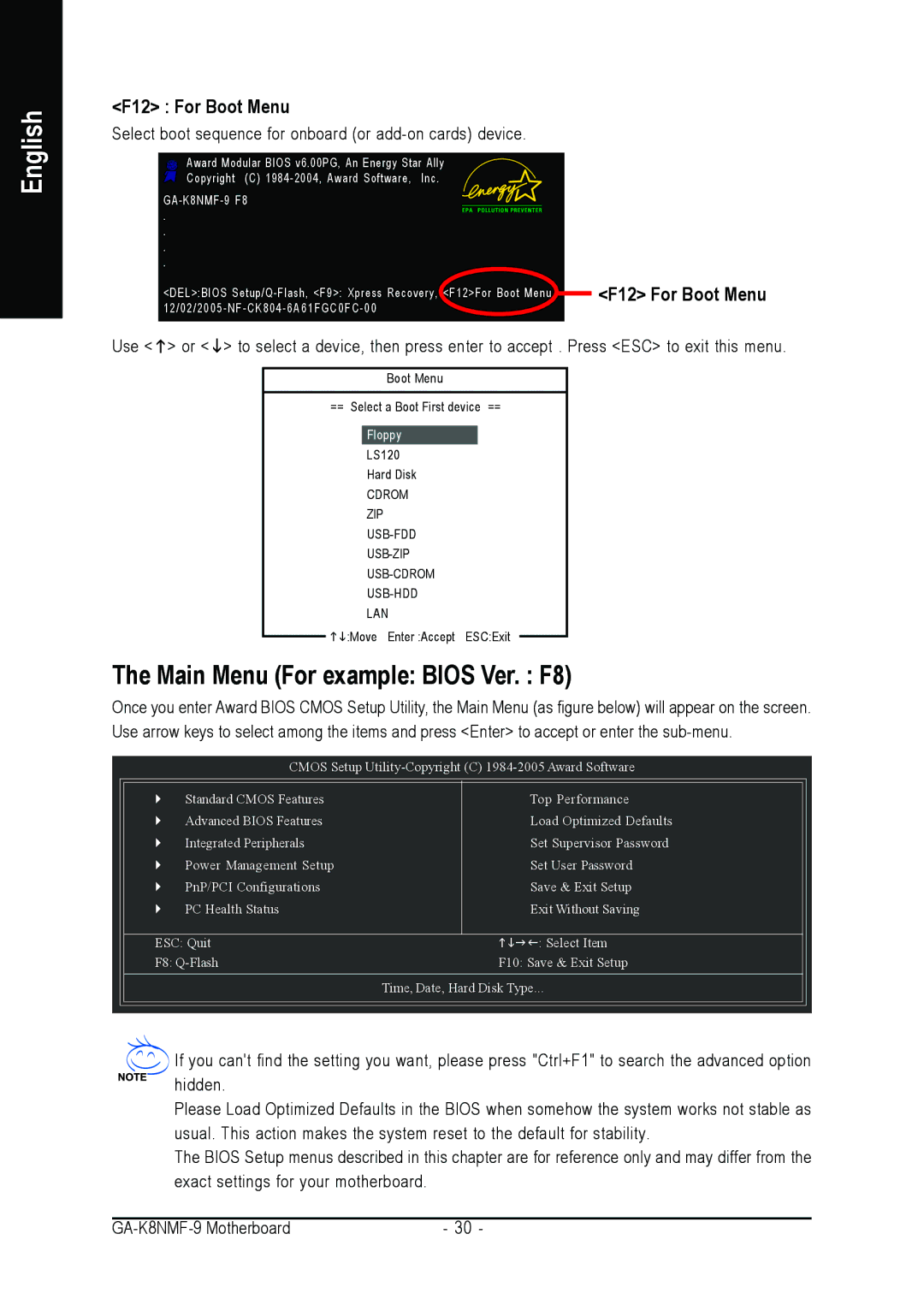 Gigabyte GA-K8NMF-9 user manual Main Menu For example Bios Ver. F8, F12 For Boot Menu 