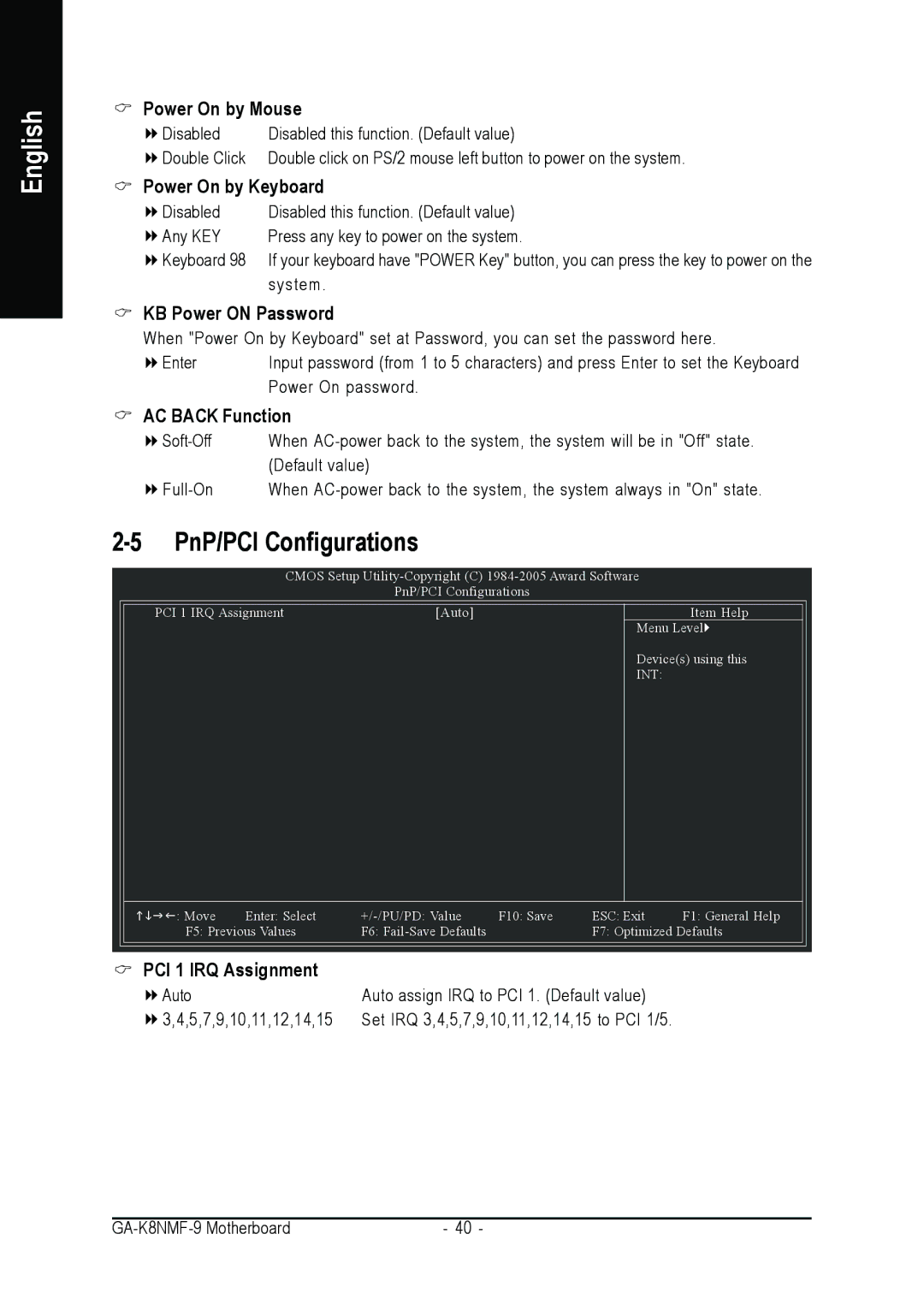 Gigabyte GA-K8NMF-9 user manual Power On by Mouse, Power On by Keyboard, KB Power on Password, AC Back Function 