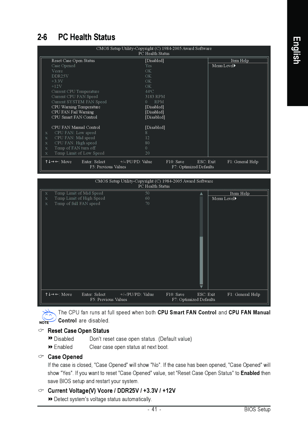 Gigabyte GA-K8NMF-9 user manual PC Health Status, Case Opened, Current VoltageV Vcore / DDR25V / +3.3V / +12V 