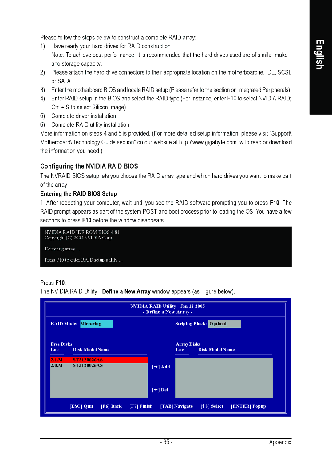 Gigabyte GA-K8NMF-9 user manual Configuring the Nvidia RAID Bios, Entering the RAID Bios Setup 