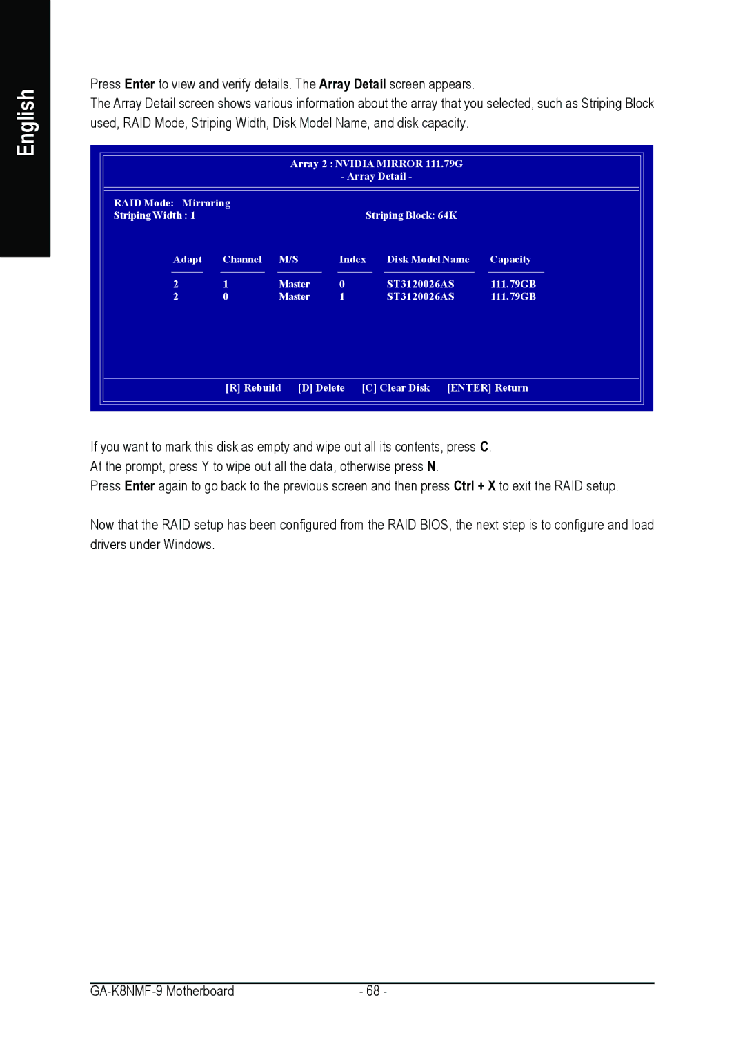 Gigabyte GA-K8NMF-9 user manual Array 2 Nvidia Mirror 111.79G 