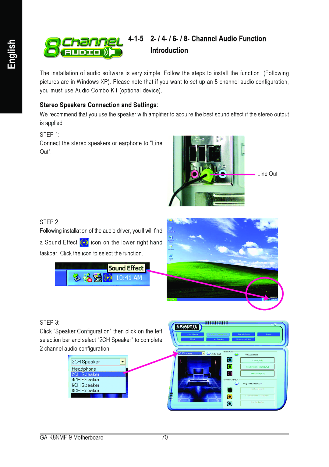 Gigabyte GA-K8NMF-9 5 2- / 4- / 6- / 8- Channel Audio Function Introduction, Stereo Speakers Connection and Settings 