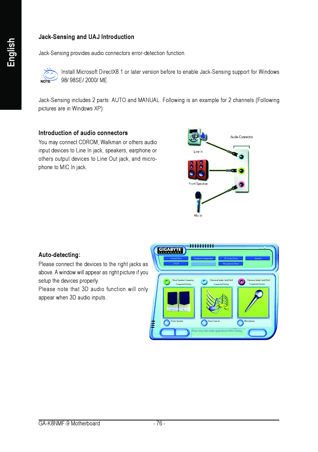 Gigabyte GA-K8NMF-9 user manual Jack-Sensing and UAJ Introduction, Introduction of audio connectors, Auto-detecting 