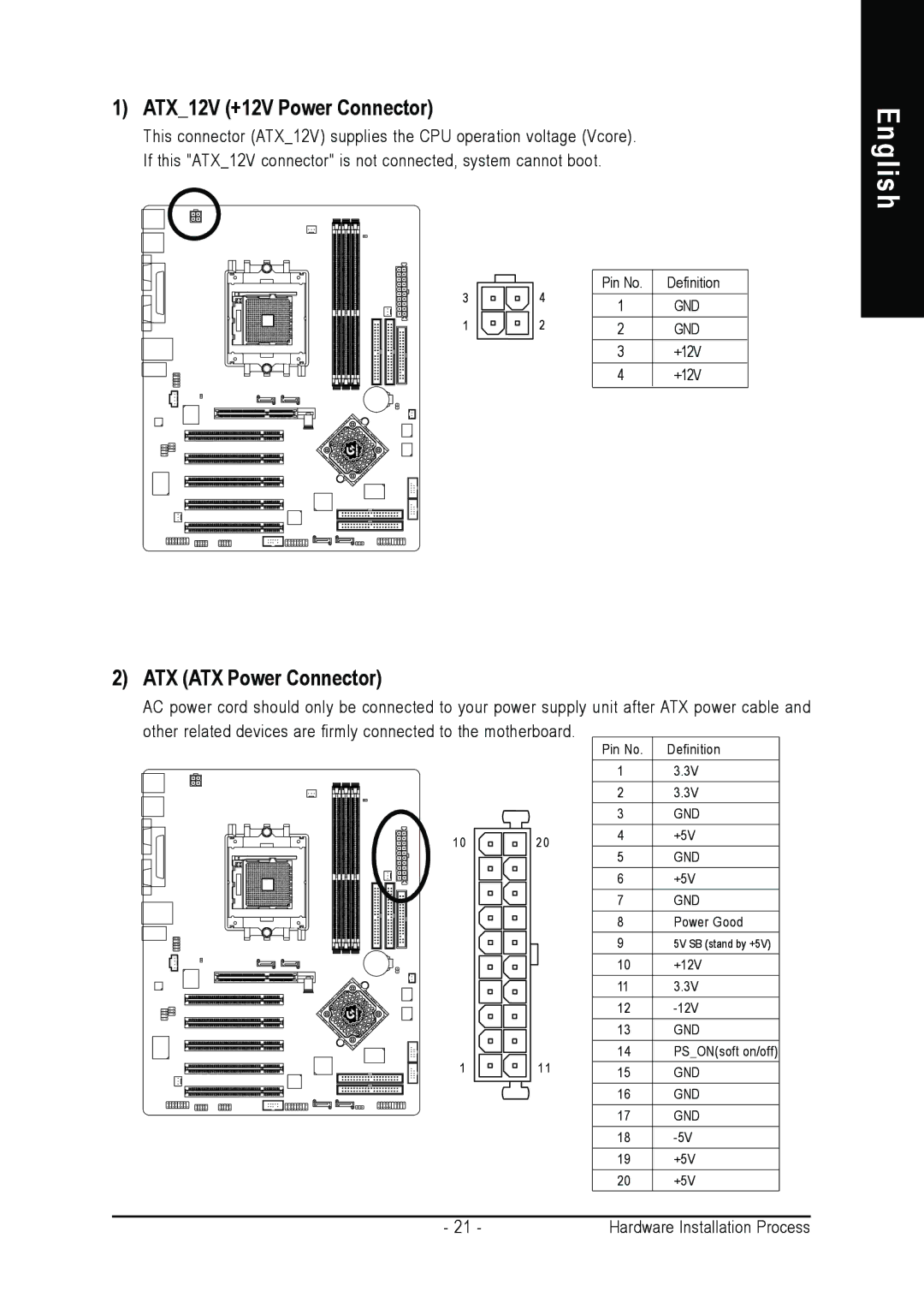 Gigabyte GA-K8NS Pro user manual ATX12V +12V Power Connector, ATX ATX Power Connector 