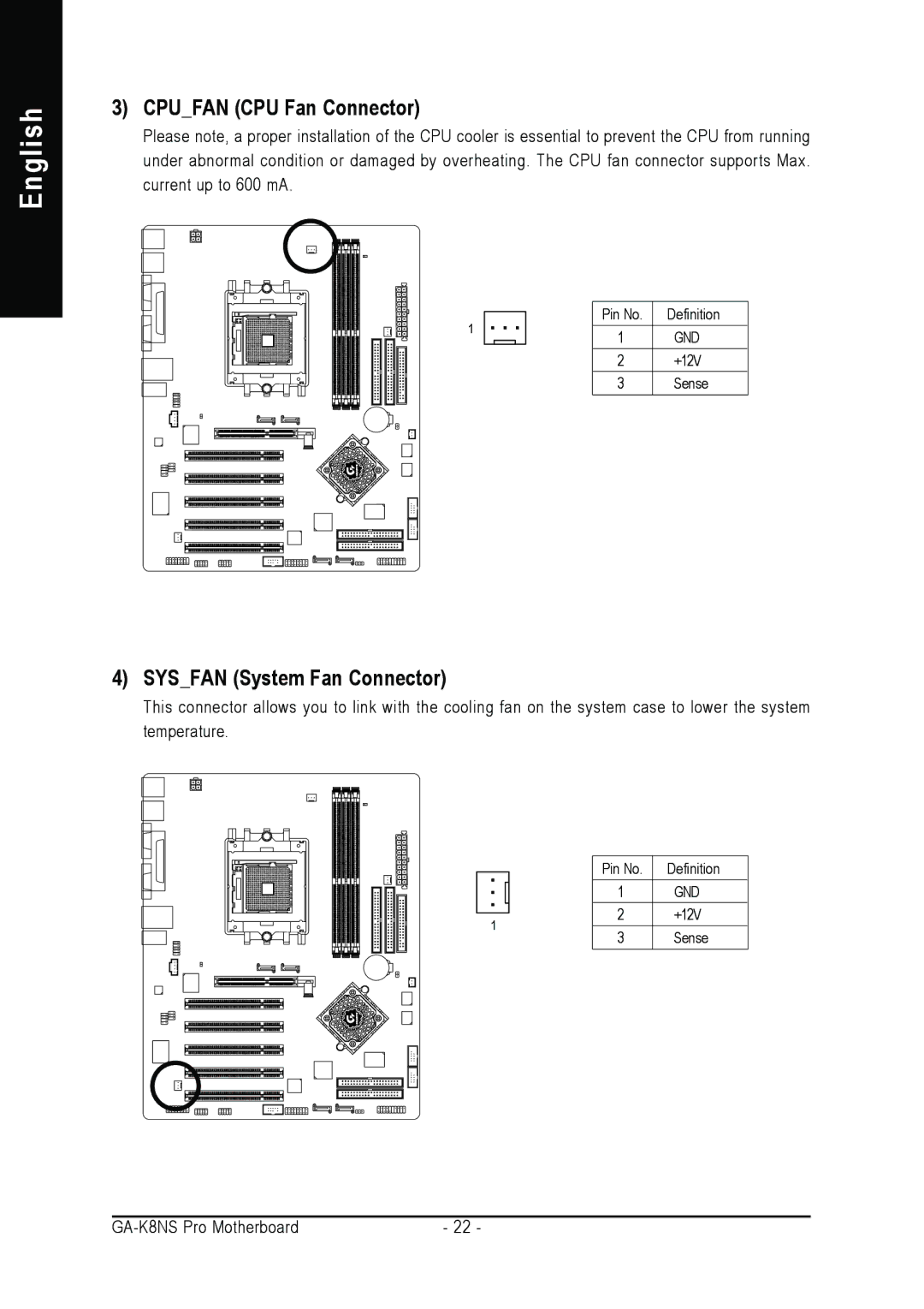 Gigabyte GA-K8NS Pro user manual Cpufan CPU Fan Connector, Sysfan System Fan Connector 