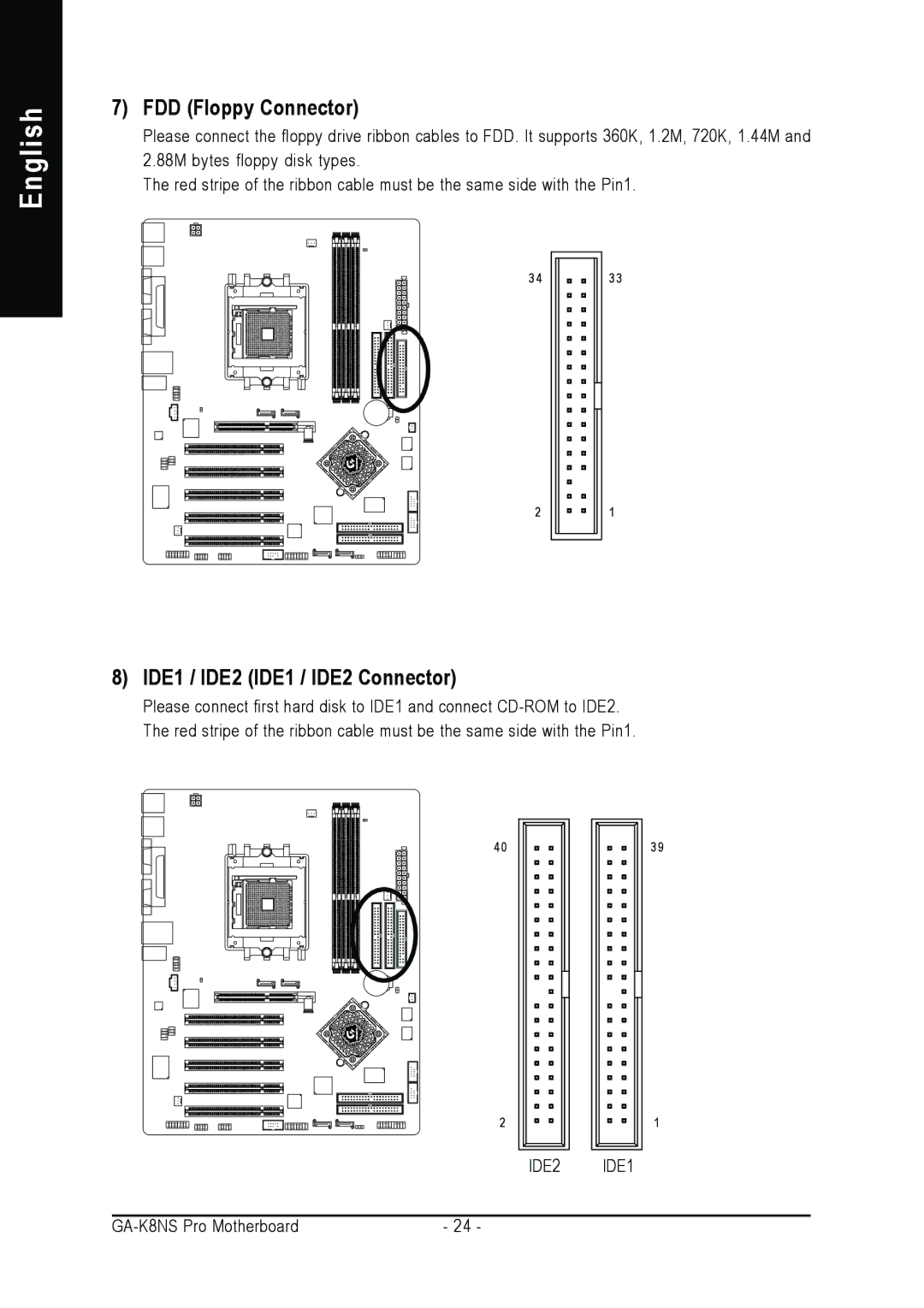 Gigabyte GA-K8NS Pro user manual FDD Floppy Connector, IDE1 / IDE2 IDE1 / IDE2 Connector 