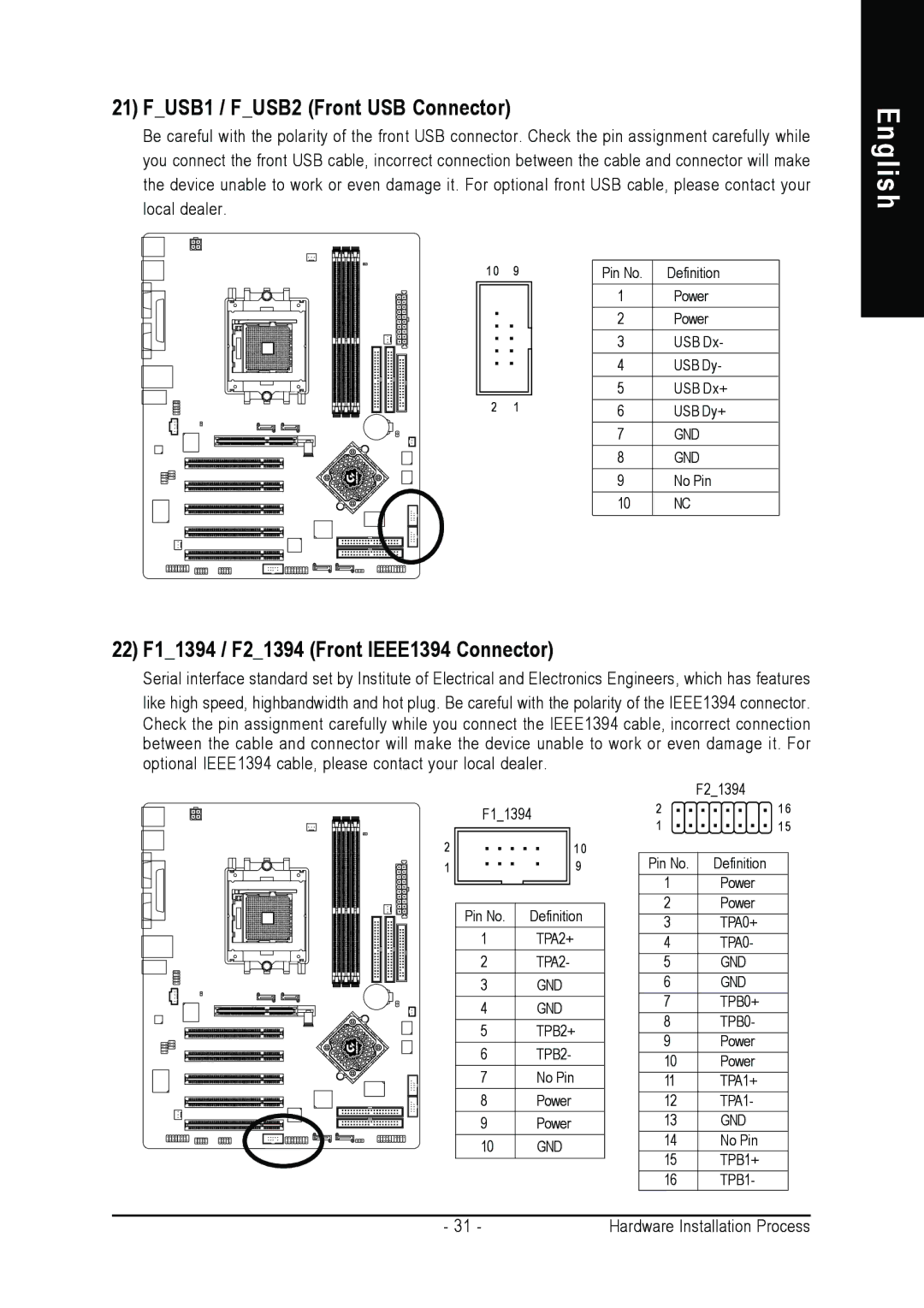 Gigabyte GA-K8NS Pro user manual FUSB1 / FUSB2 Front USB Connector, 22 F11394 / F21394 Front IEEE1394 Connector 