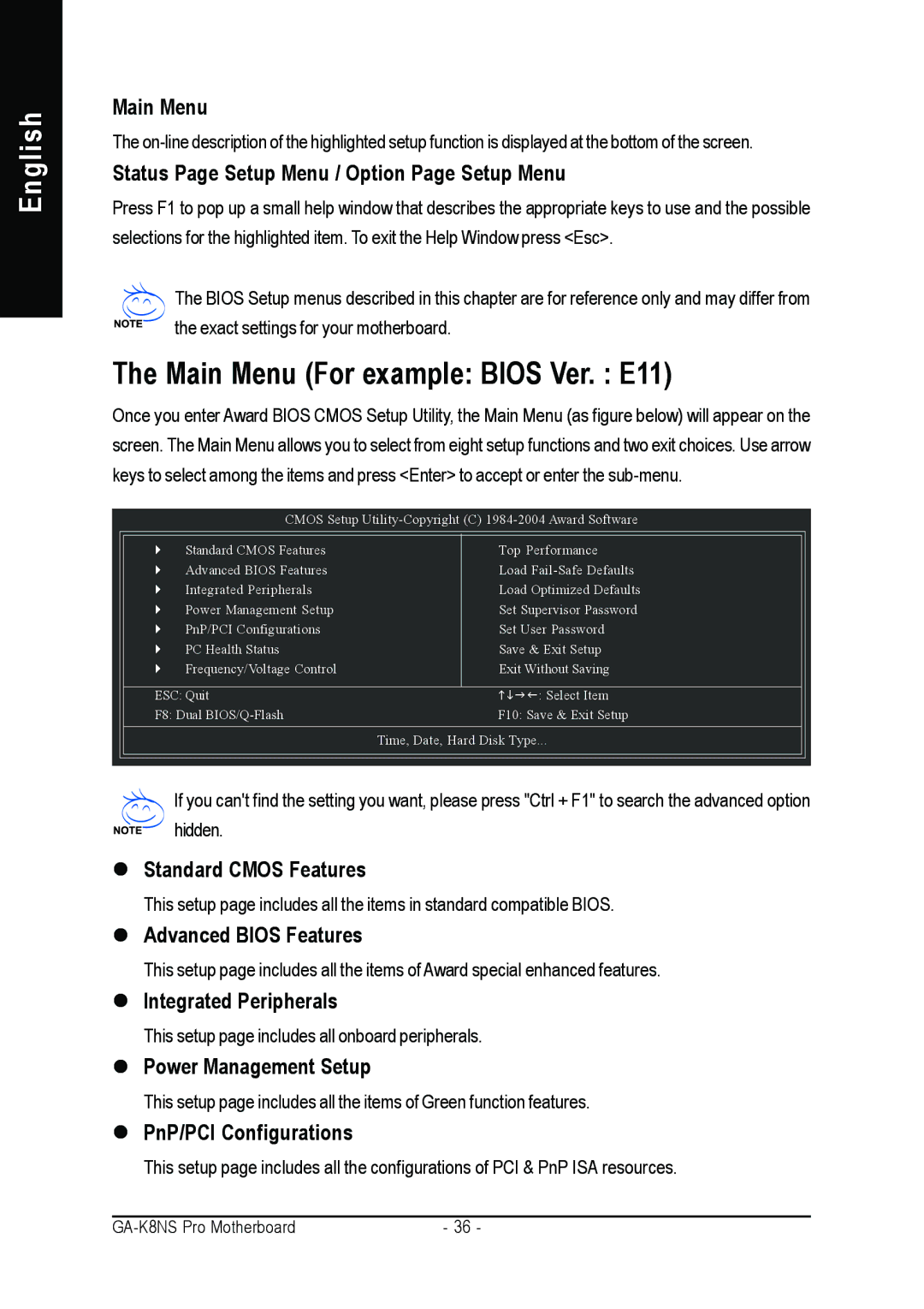 Gigabyte GA-K8NS Pro user manual Main Menu For example Bios Ver. E11 