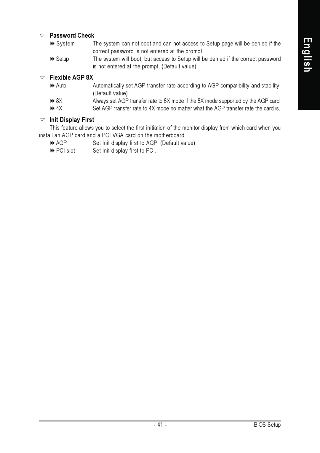 Gigabyte GA-K8NS Pro user manual Password Check, Flexible AGP, Init Display First 