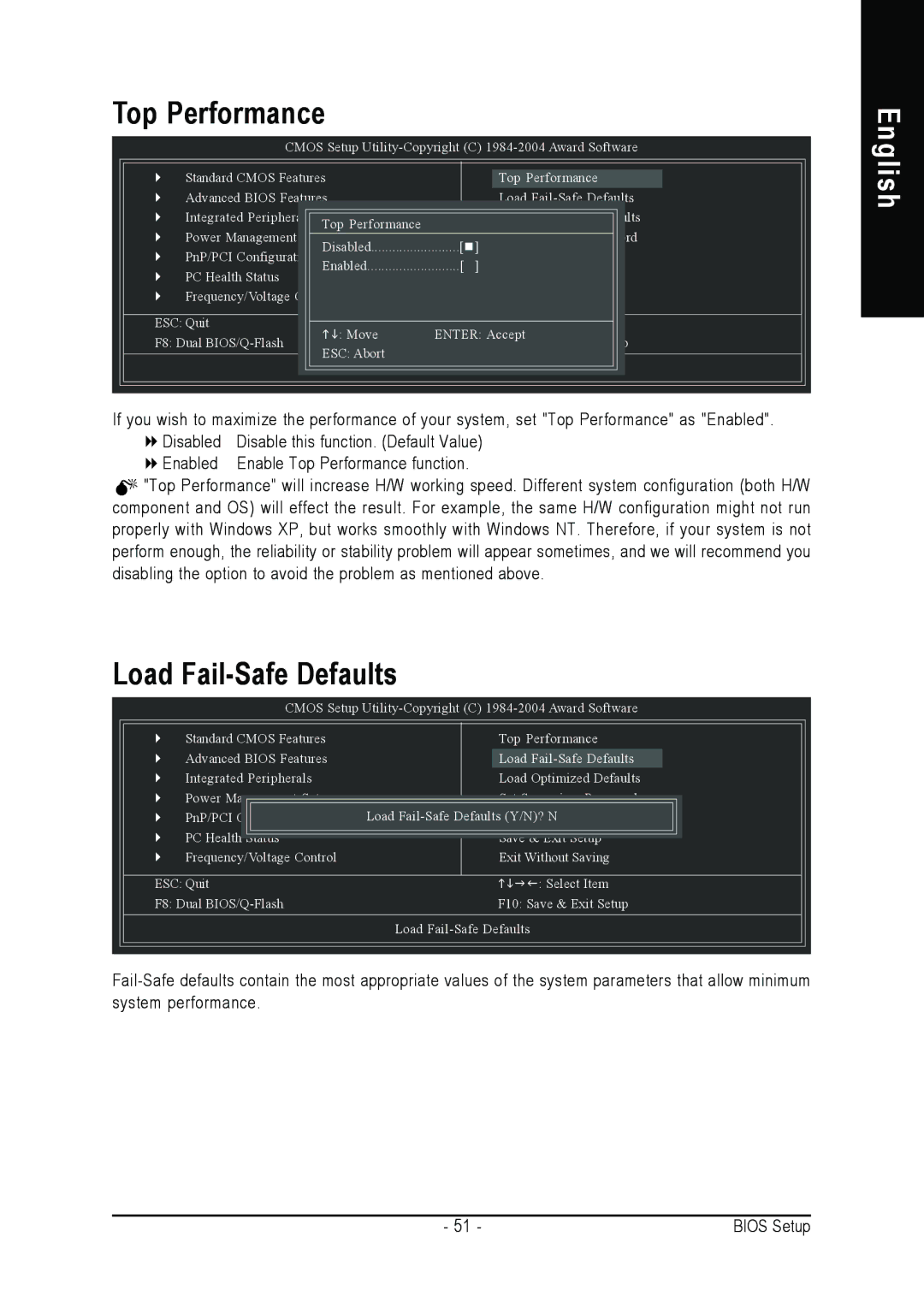 Gigabyte GA-K8NS Pro user manual Top Performance, Load Fail-Safe Defaults 