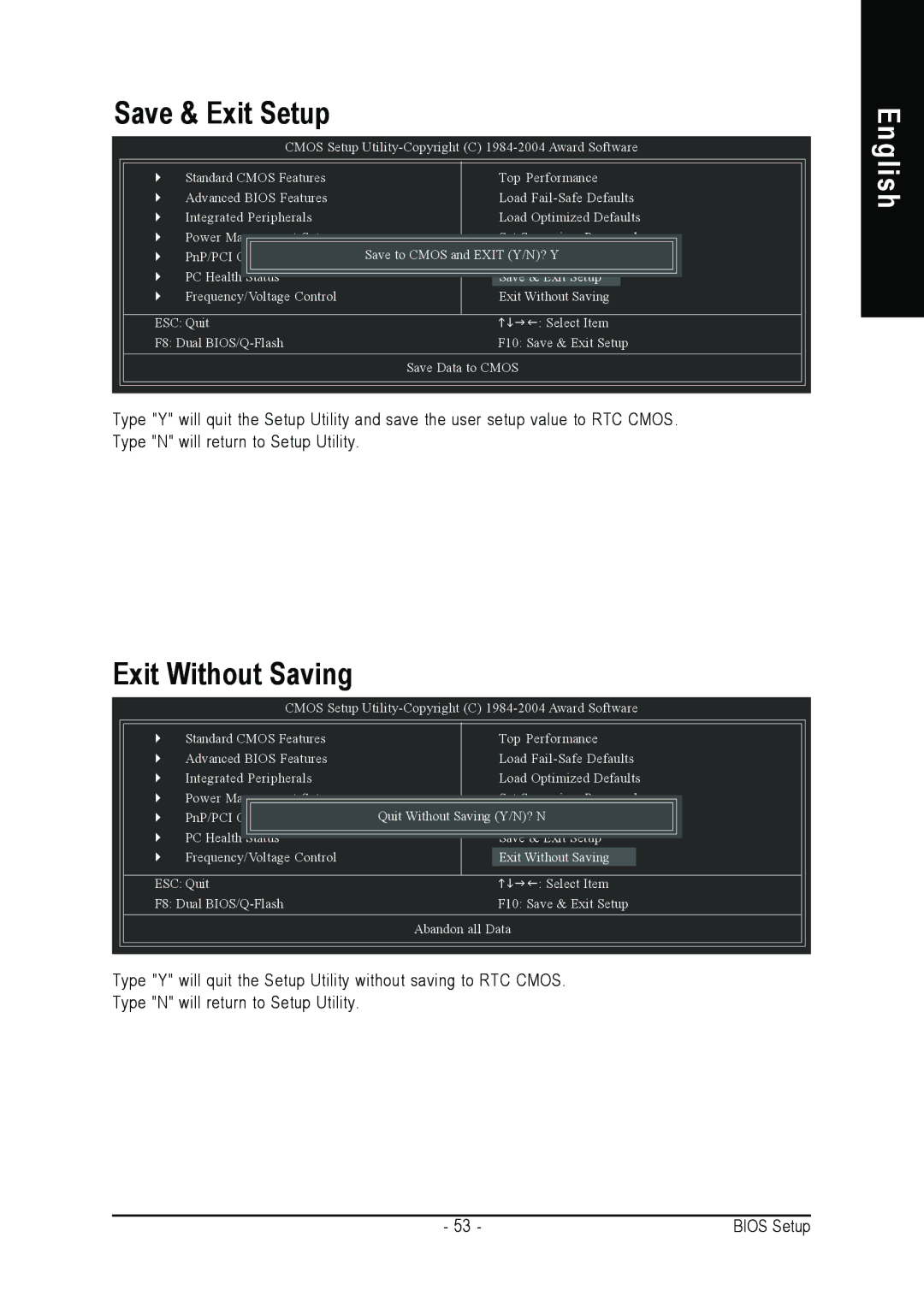 Gigabyte GA-K8NS Pro user manual Save & Exit Setup, Exit Without Saving 