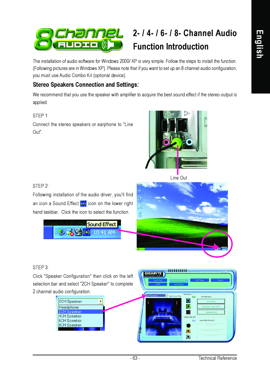 Gigabyte GA-K8NS Pro user manual 6- / 8- Channel Audio Function Introduction, Stereo Speakers Connection and Settings 