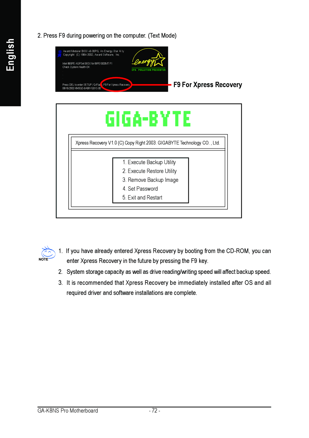 Gigabyte GA-K8NS Pro user manual F9 For Xpress Recovery 