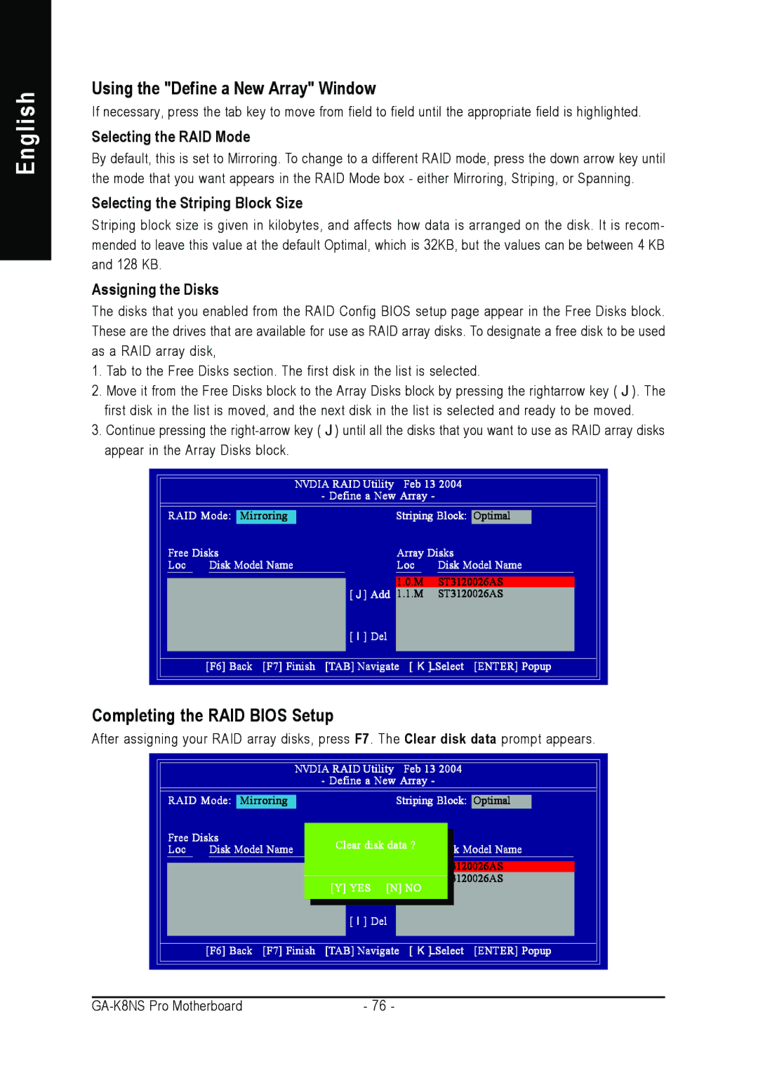 Gigabyte GA-K8NS Pro Using the Define a New Array Window, Completing the RAID Bios Setup, Selecting the RAID Mode 