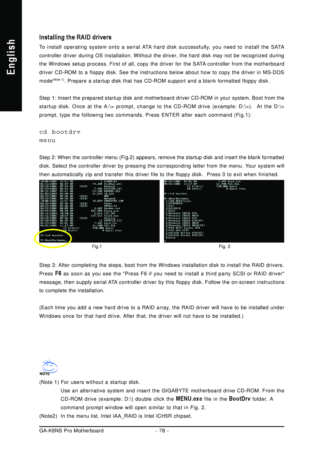 Gigabyte GA-K8NS Pro user manual Installing the RAID drivers, Cd bootdrv Menu 