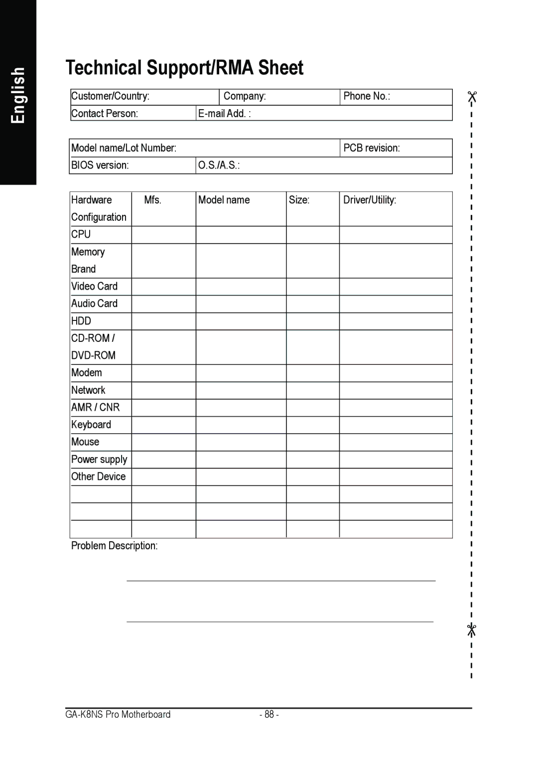 Gigabyte GA-K8NS Pro user manual Technical Support/RMA Sheet 